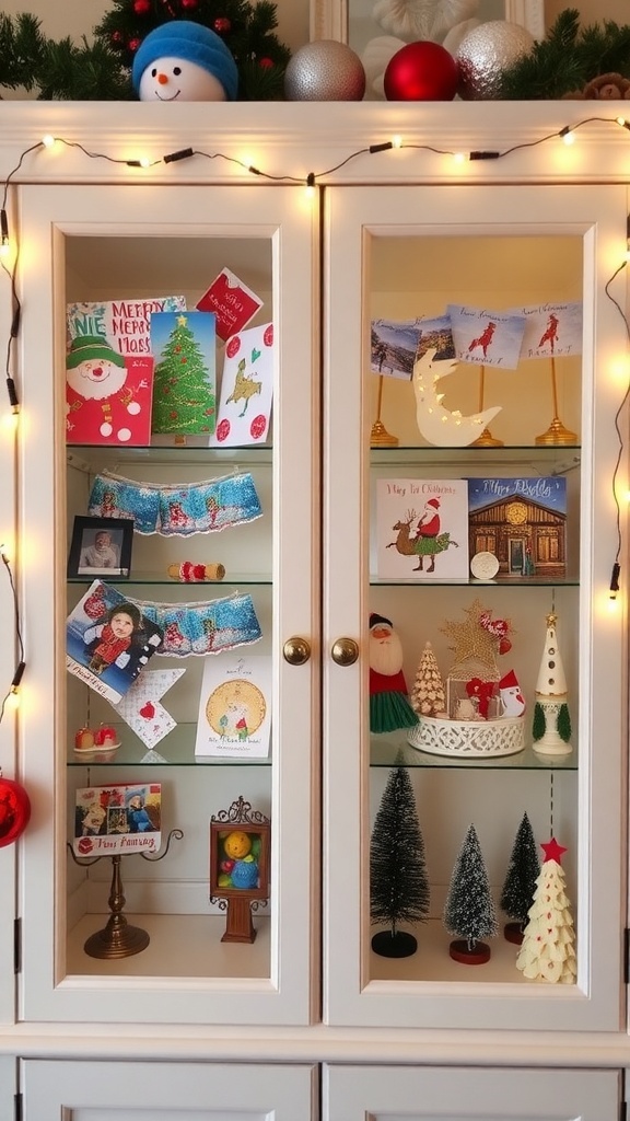 A cabinet decorated with Christmas cards and lights, showcasing a festive holiday display.